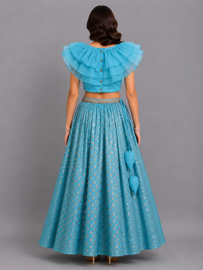 Blue Organza Ruffled blouse with Cotton Zari Lehnga