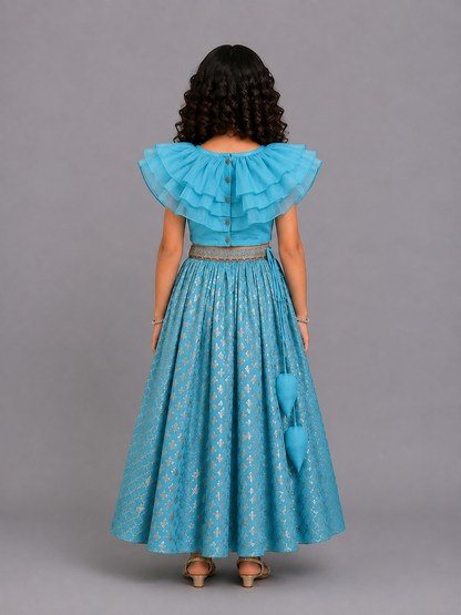Blue Organza Ruffled blouse with Cotton Zari Lehnga