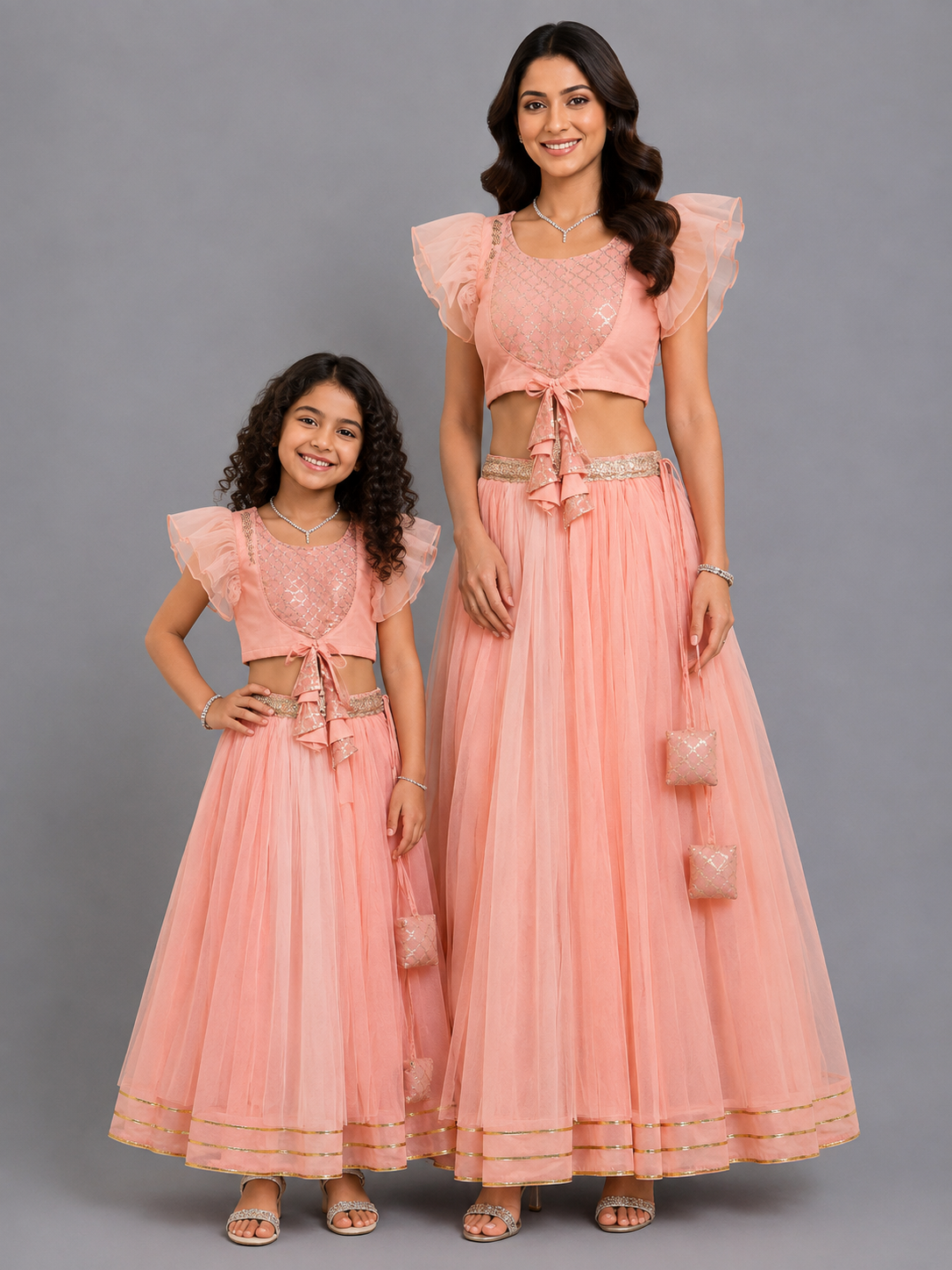Peach Frilly Top with Double layered net Lehnga