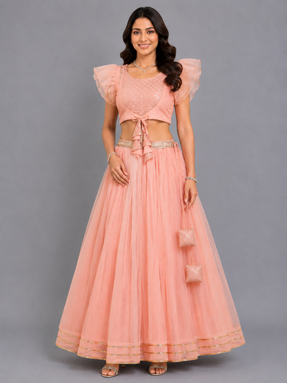 Peach Frilly Top with Double layered net Lehnga