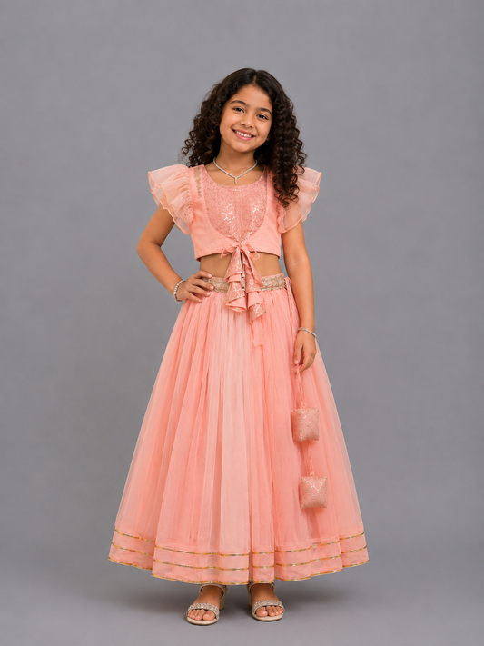 Peach Frilly Top with Double layered net Lehnga
