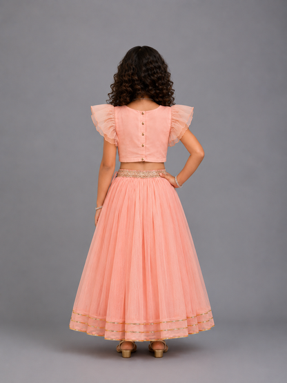Peach Frilly Top with Double layered net Lehnga