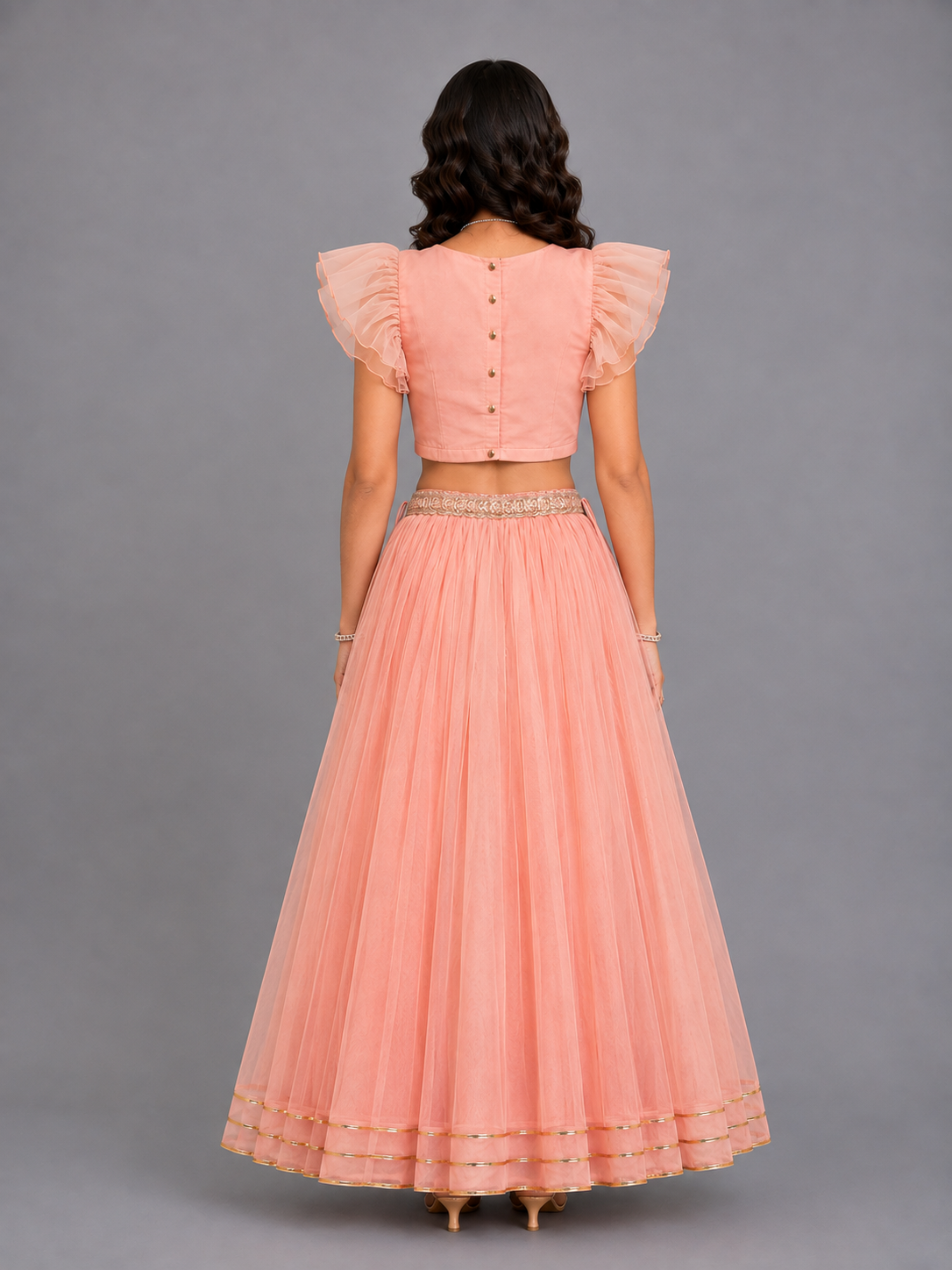 Peach Frilly Top with Double layered net Lehnga