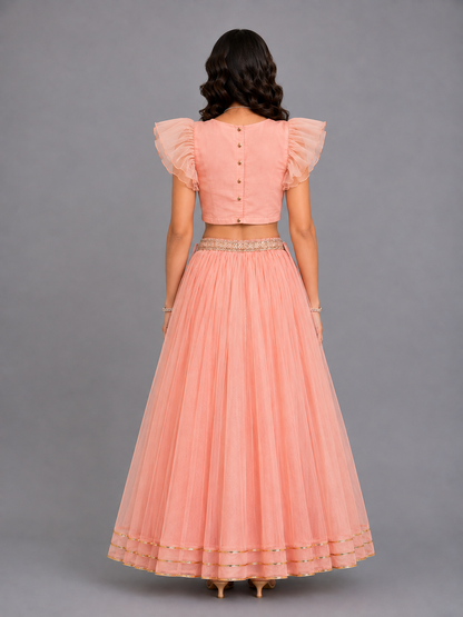 Peach Frilly Top with Double layered net Lehnga