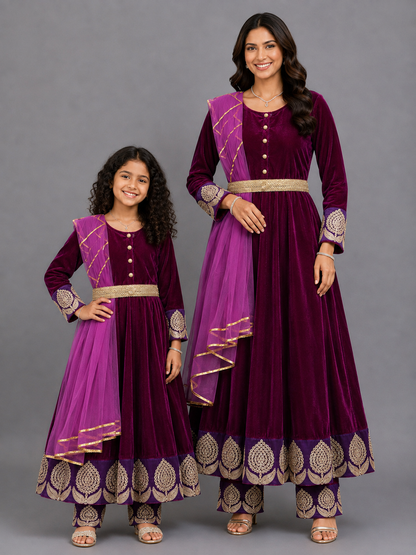 Purple Velvet Embroidered Anarkali Pants with Net Dupatta
