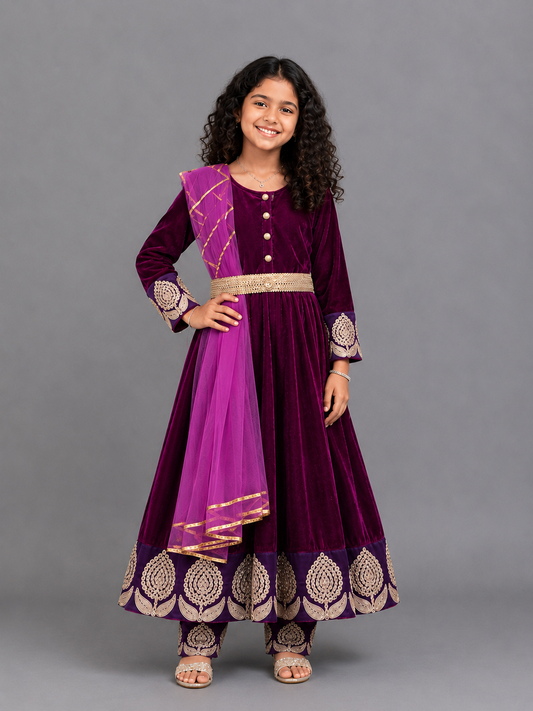Purple Velvet Embroidered Anarkali Pants with Net Dupatta
