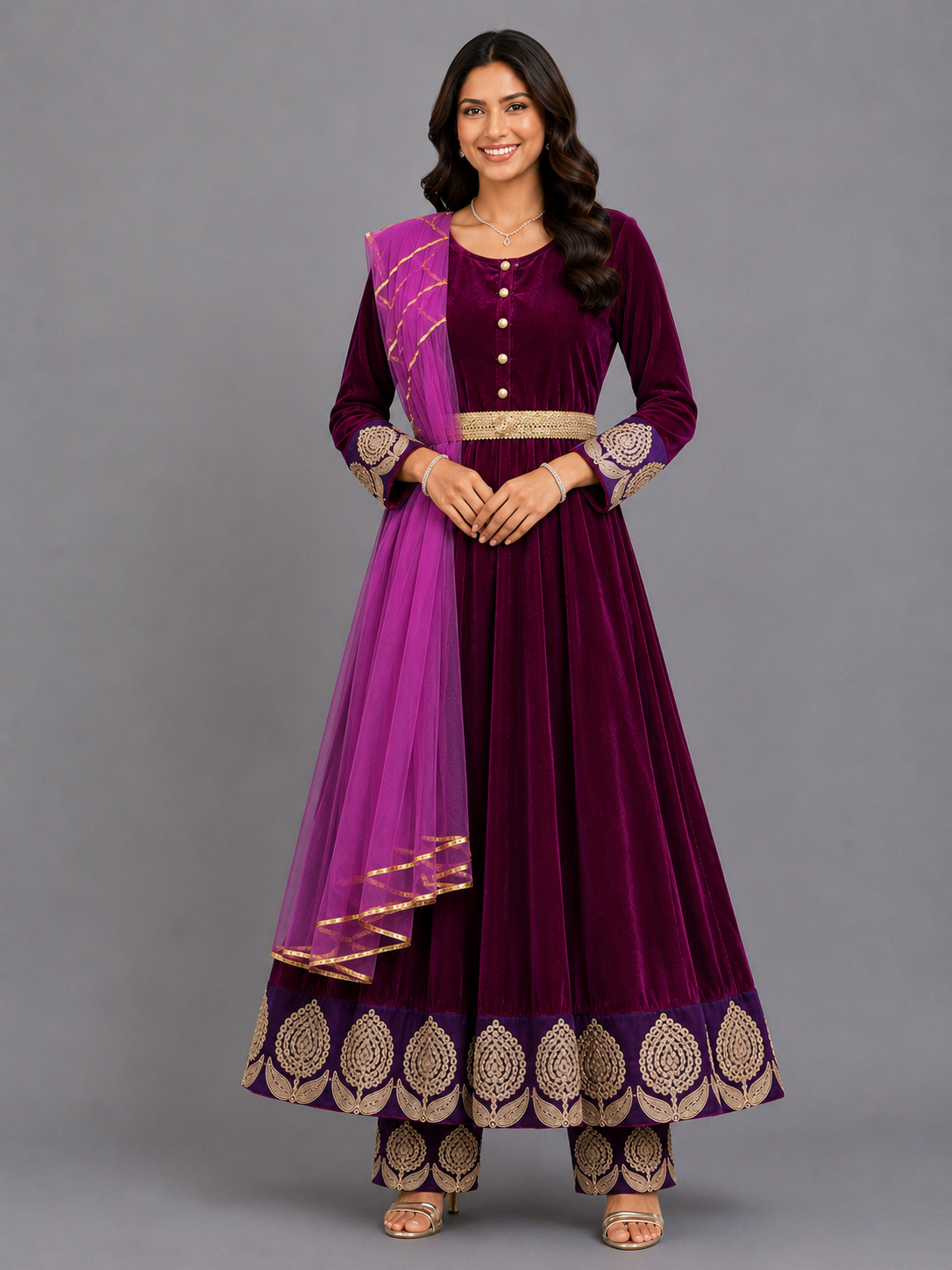 Purple Velvet Embroidered Anarkali Pants with Net Dupatta