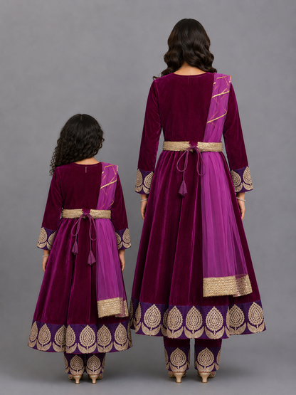 Purple Velvet Embroidered Anarkali Pants with Net Dupatta