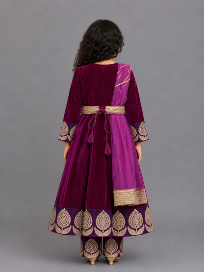 Purple Velvet Embroidered Anarkali Pants with Net Dupatta