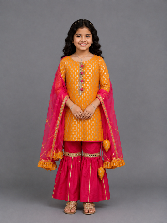Yellow and Pink Festive Kurta Sharara set