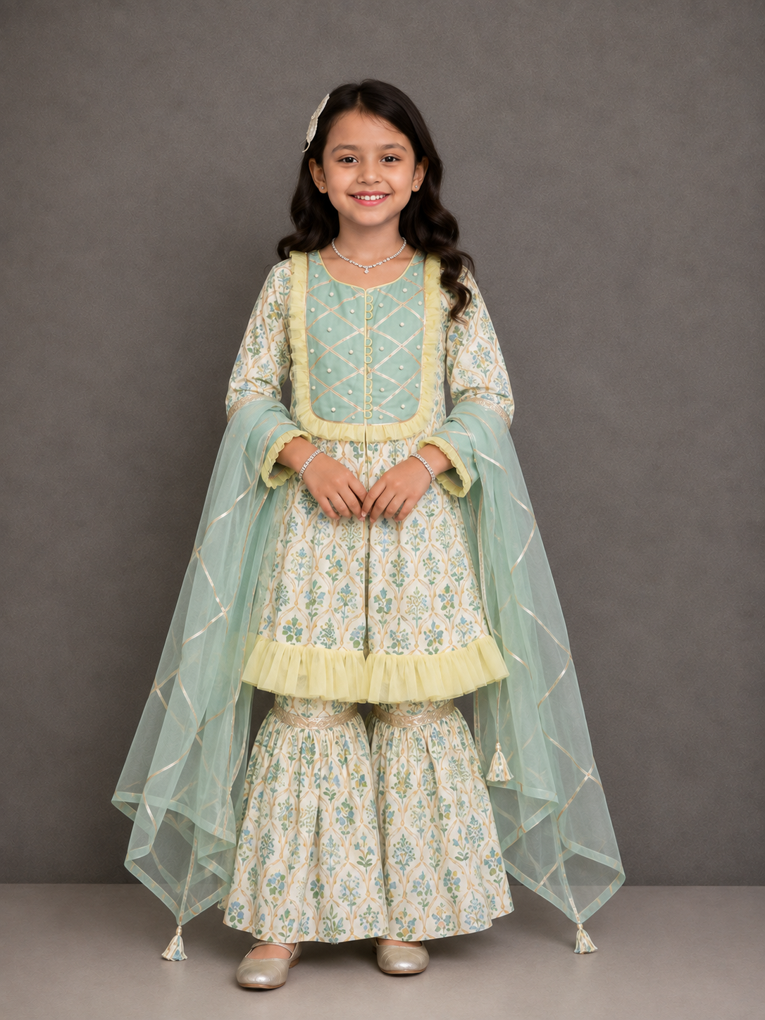 Pastel Green Mughal leaf Print Sharara Set