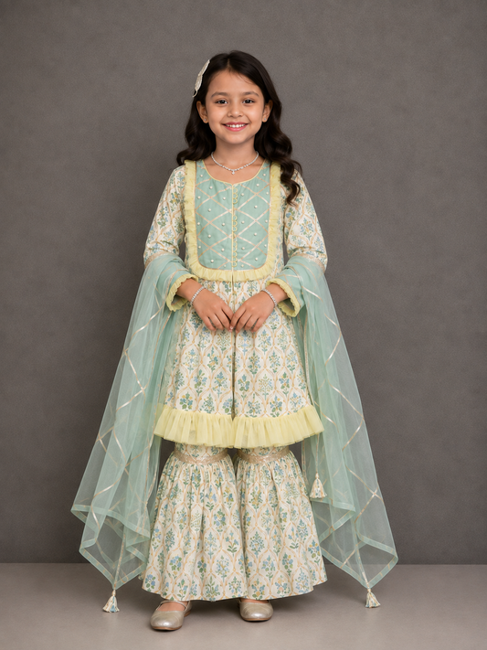 Pastel Green Mughal leaf Print Sharara Set