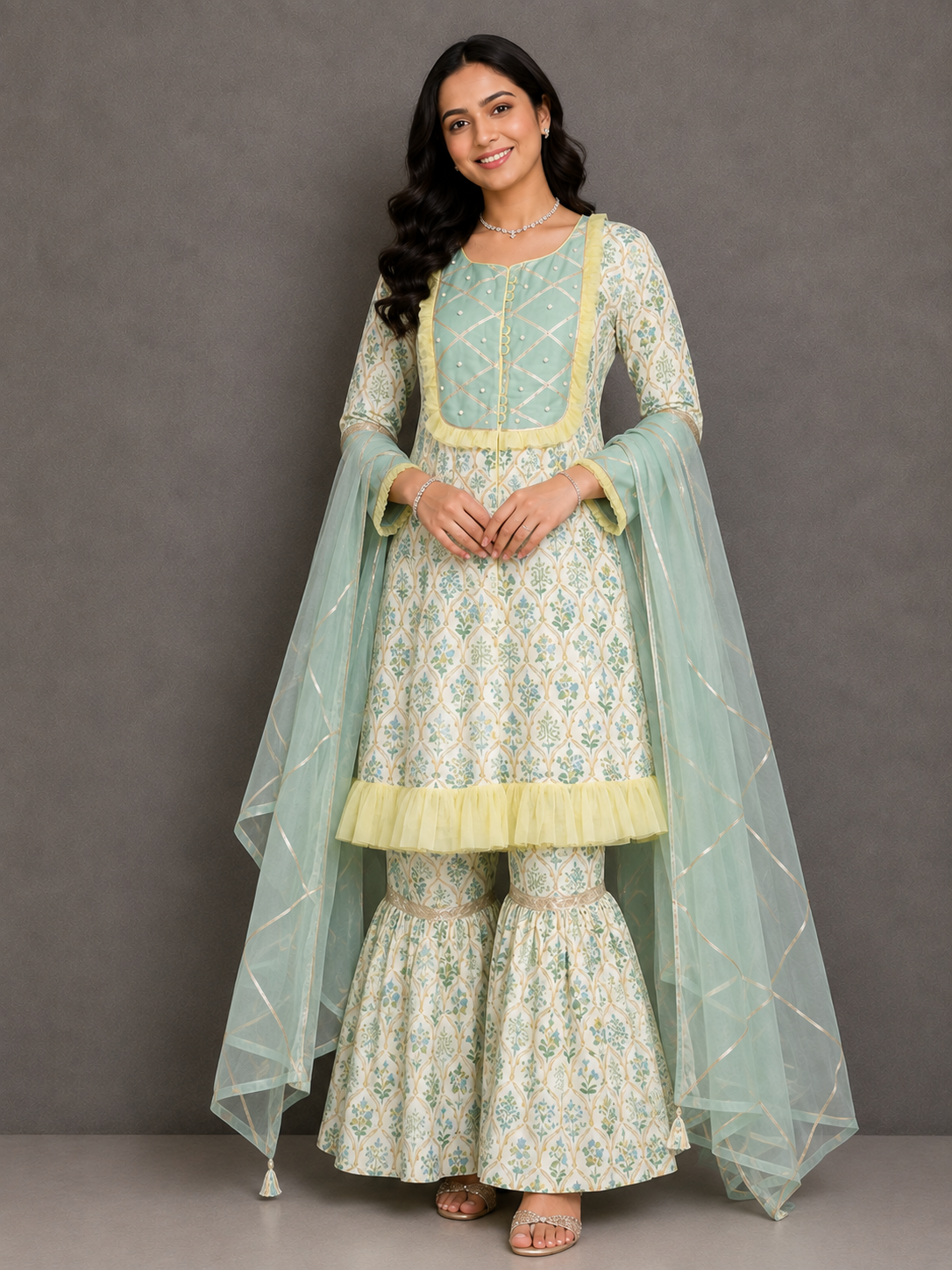 Pastel Green Mughal leaf Print Sharara Set