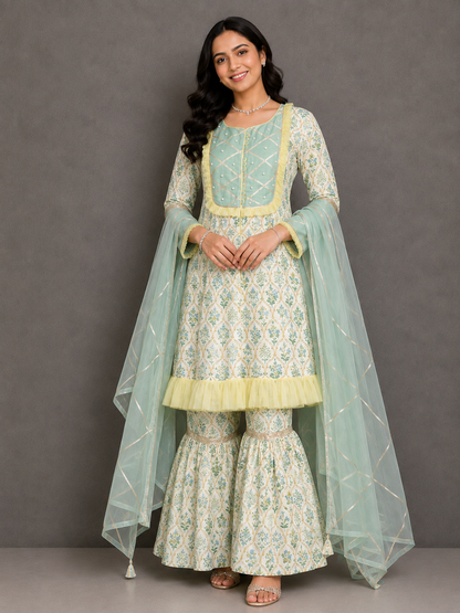 Pastel Green Mughal leaf Print Sharara Set