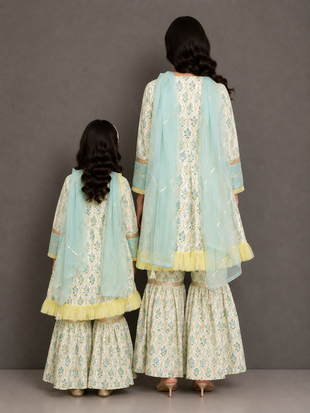Pastel Green Mughal leaf Print Sharara Set