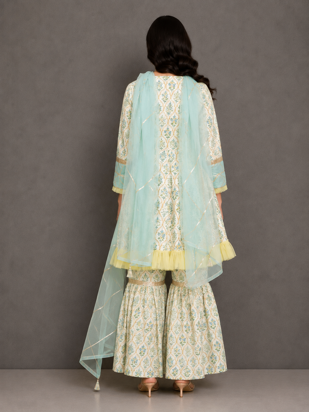 Pastel Green Mughal leaf Print Sharara Set