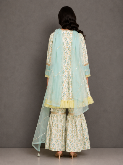 Pastel Green Mughal leaf Print Sharara Set