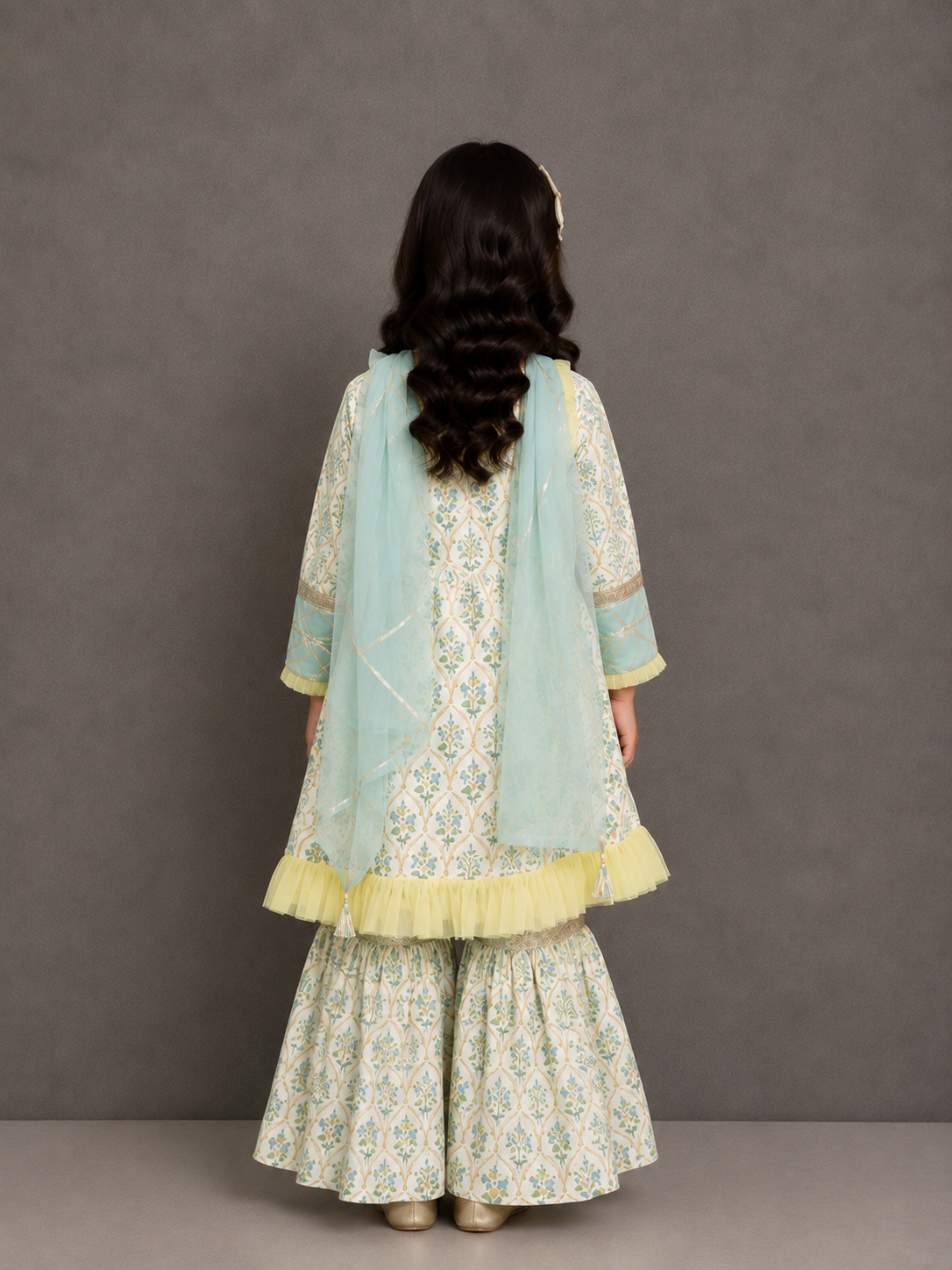 Pastel Green Mughal leaf Print Sharara Set