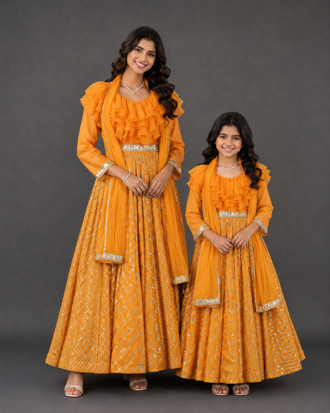 Orange Frilly Chanderi Anarkali set with Dupatta