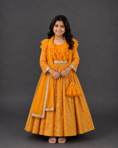 Orange Frilly Chanderi Anarkali set with Dupatta