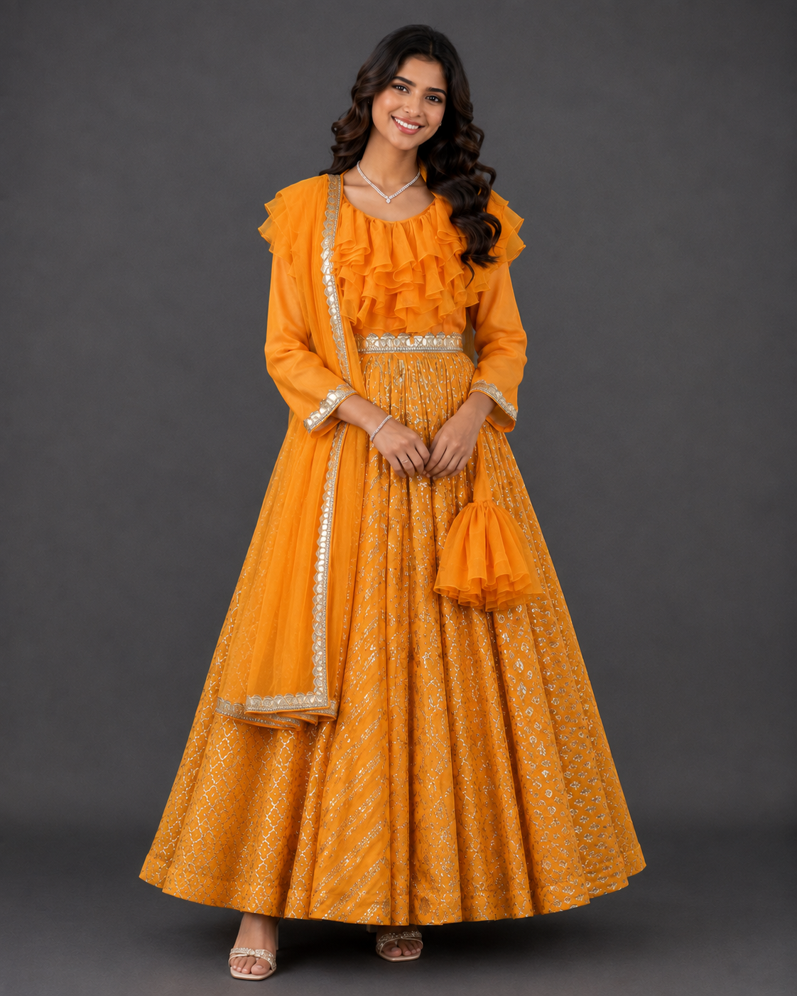 Orange Frilly Chanderi Anarkali set with Dupatta