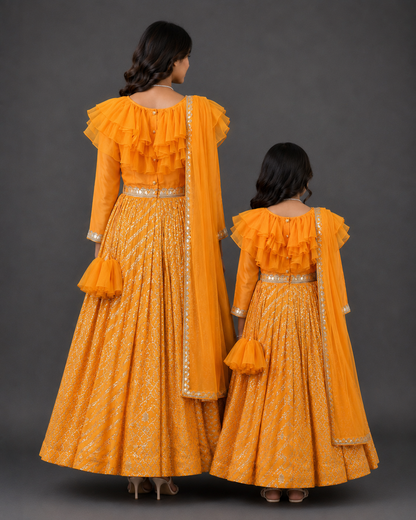 Orange Frilly Chanderi Anarkali set with Dupatta