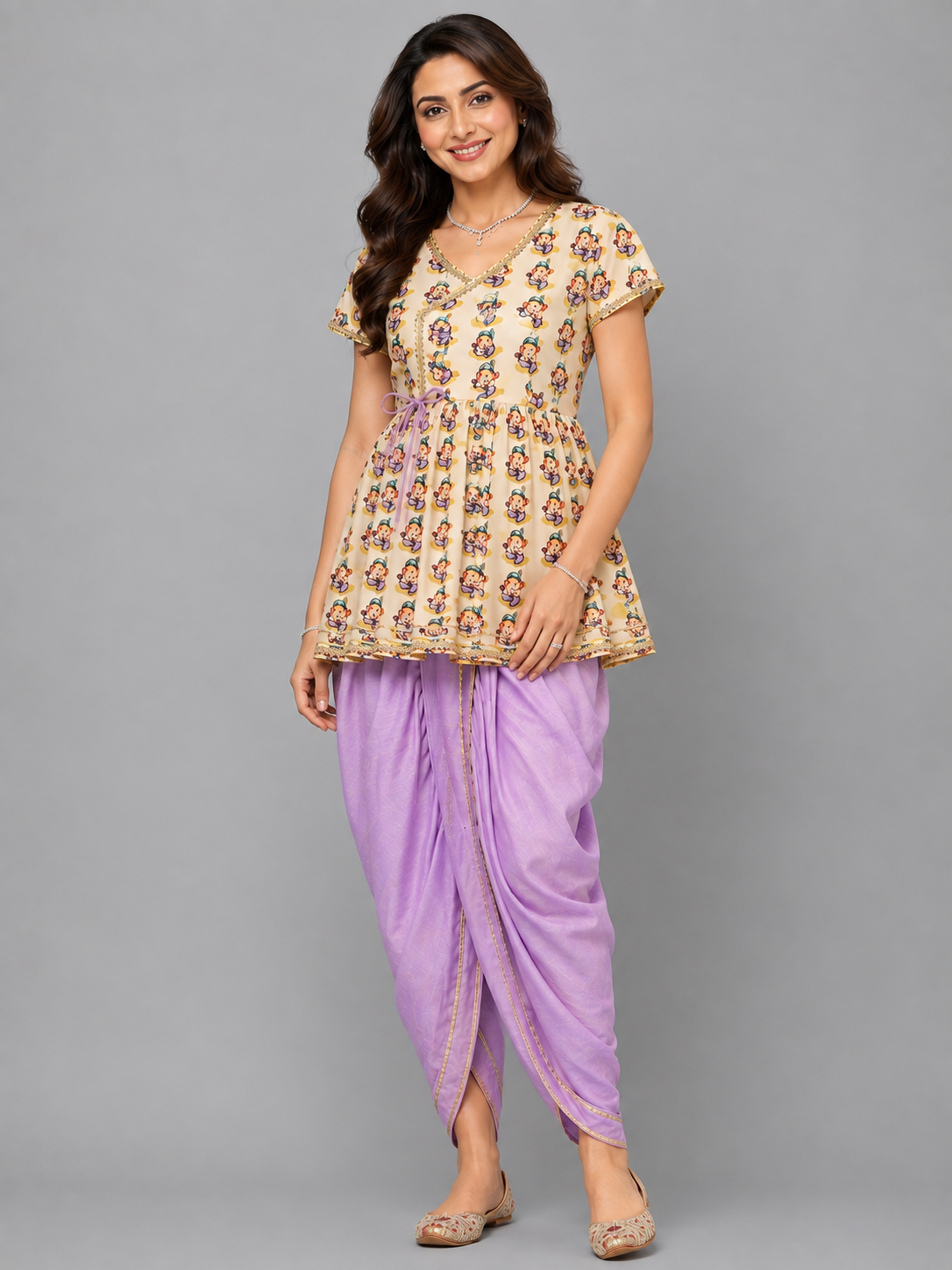 Ganpati Print Angrakha Purple Dhoti set