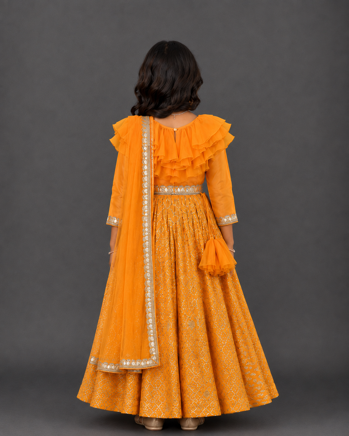 Orange Frilly Chanderi Anarkali set with Dupatta