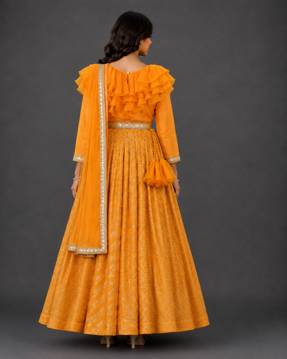 Orange Frilly Chanderi Anarkali set with Dupatta