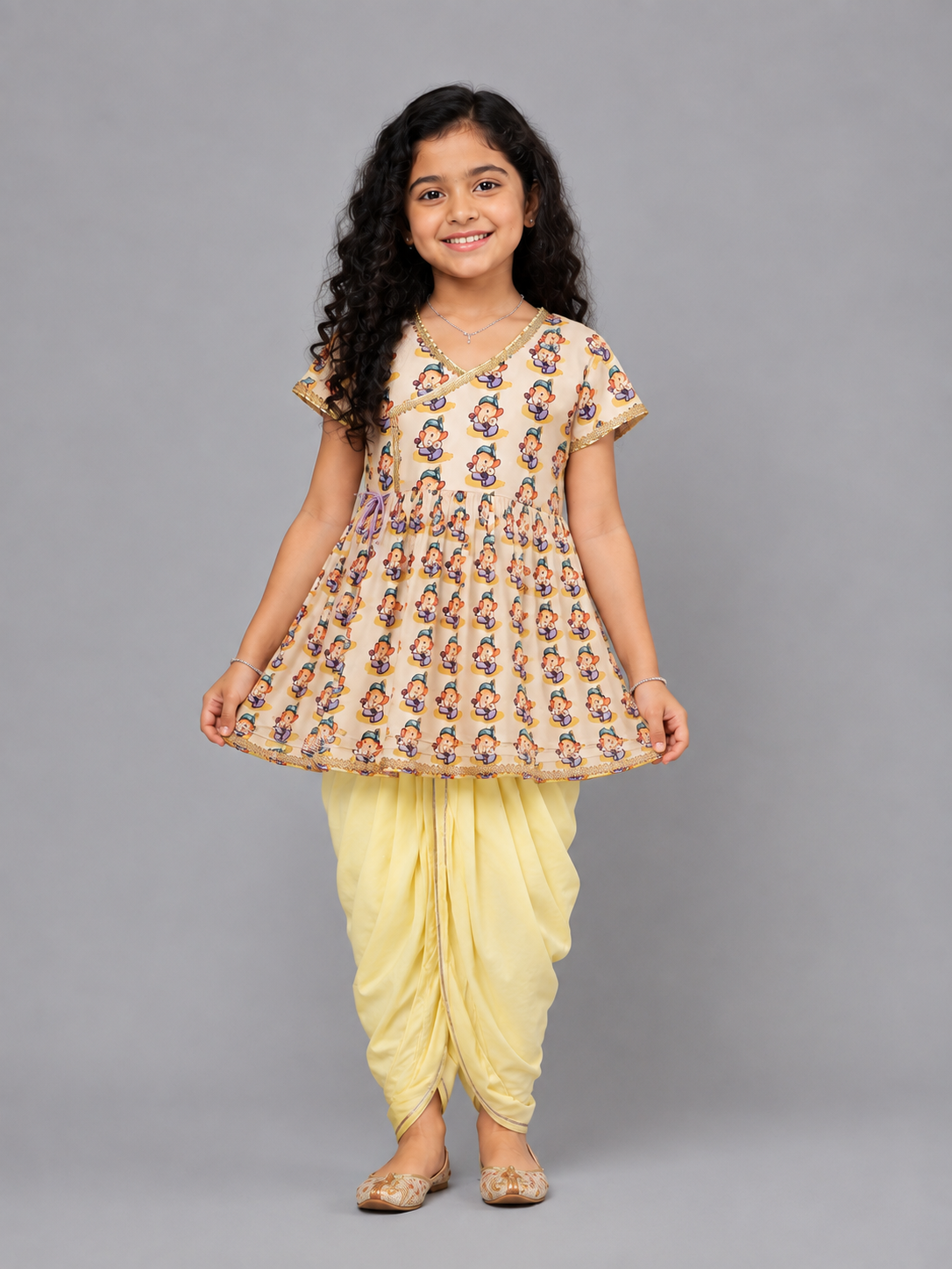 Ganpati Print Angrakha Yellow dhoti set