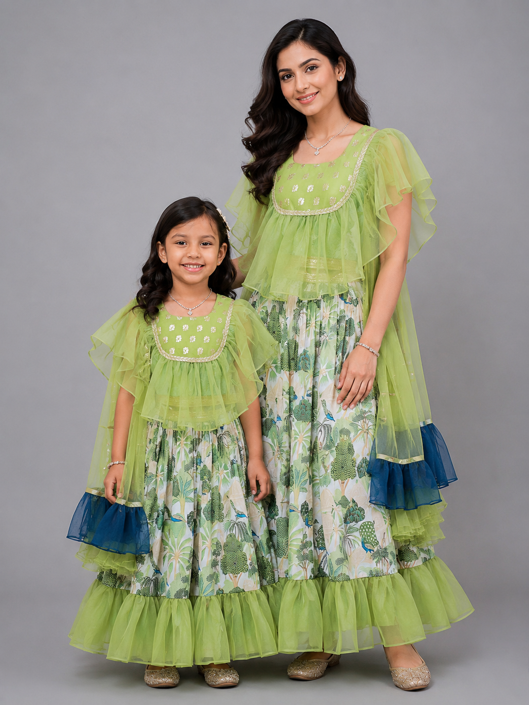 Green Organza frill printed  lehnga set with dupatta