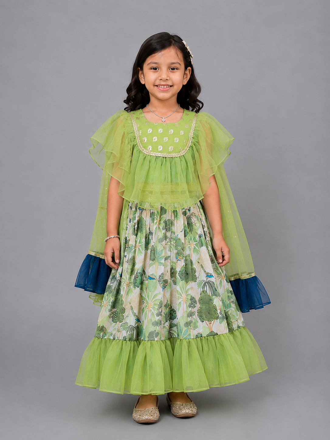 Green Organza frill printed  lehnga set with dupatta