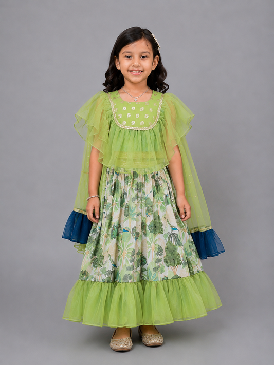 Green Organza frill printed  lehnga set with dupatta