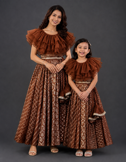 Brown Organza frill Chanderi lehnga set