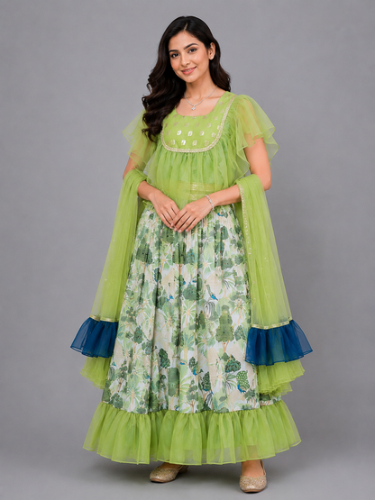 Green Organza frill printed  lehnga set with dupatta