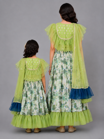 Green Organza frill printed  lehnga set with dupatta