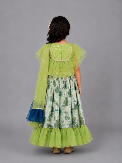 Green Organza frill printed  lehnga set with dupatta