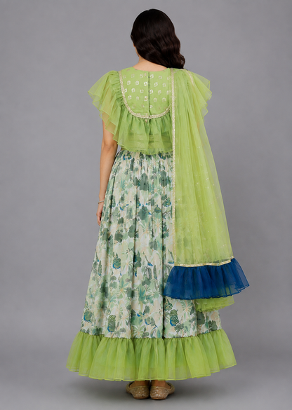 Green Organza frill printed  lehnga set with dupatta