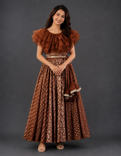 Brown Organza frill Chanderi lehnga set