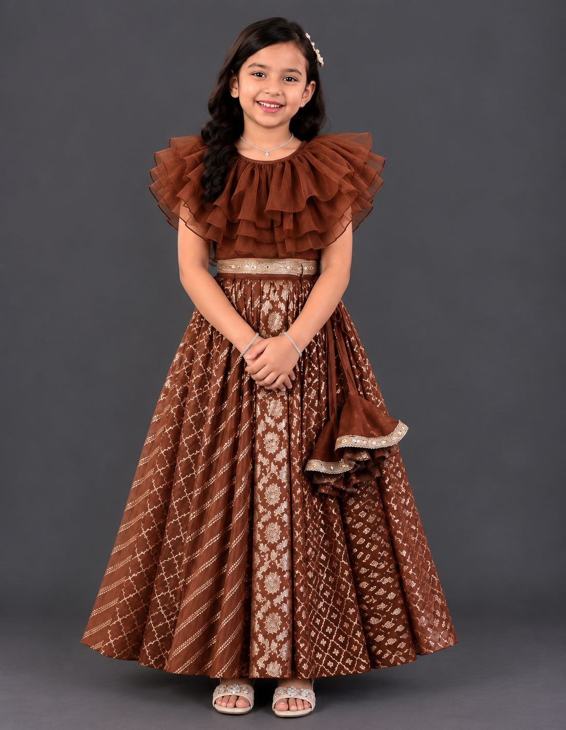Brown Organza frill Chanderi lehnga set