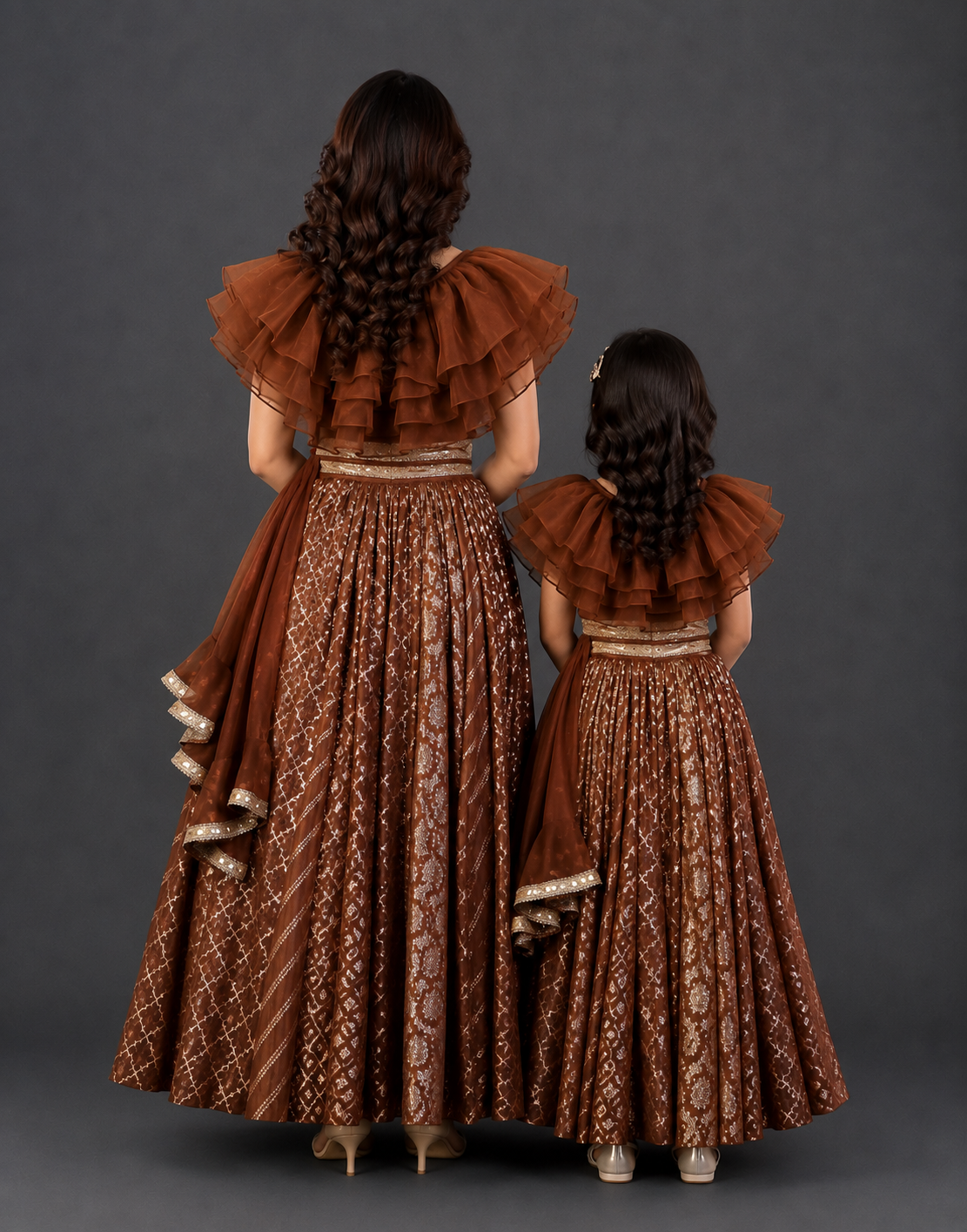 Brown Organza frill Chanderi lehnga set
