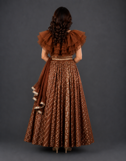 Brown Organza frill Chanderi lehnga set
