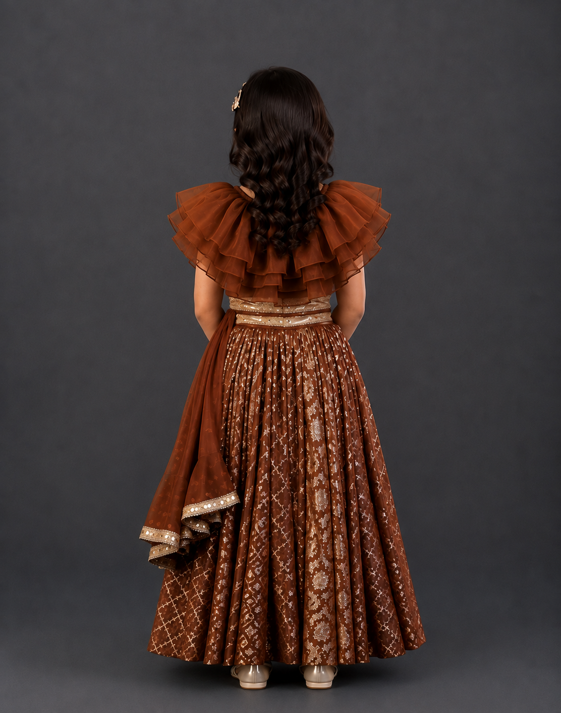 Brown Organza frill Chanderi lehnga set