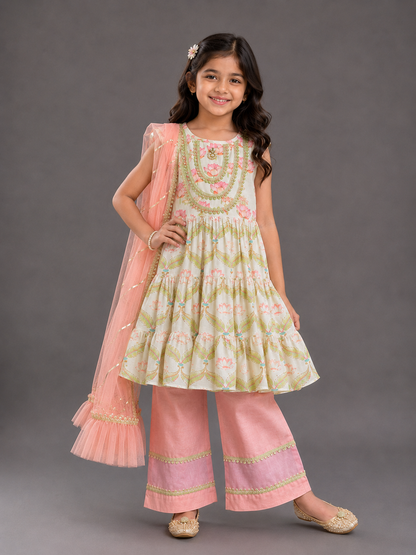 Lotus Print Layered Frock Style Kurta Set