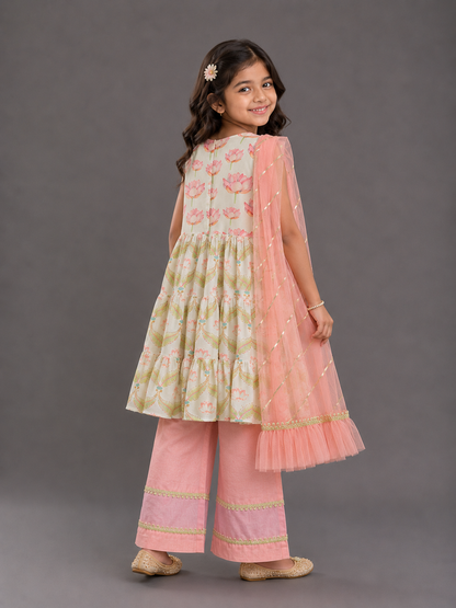 Lotus Print Layered Frock Style Kurta Set