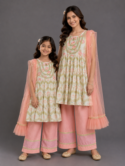 Lotus Print Layered Frock Style Kurta Set