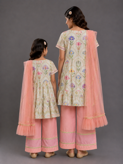 Lotus Print Layered Frock Style Kurta Set