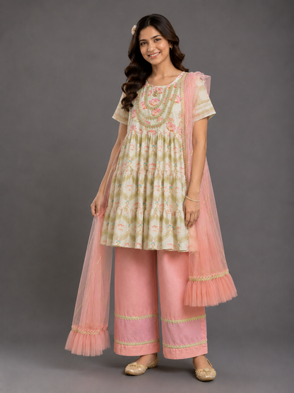Lotus Print Layered Frock Style Kurta Set