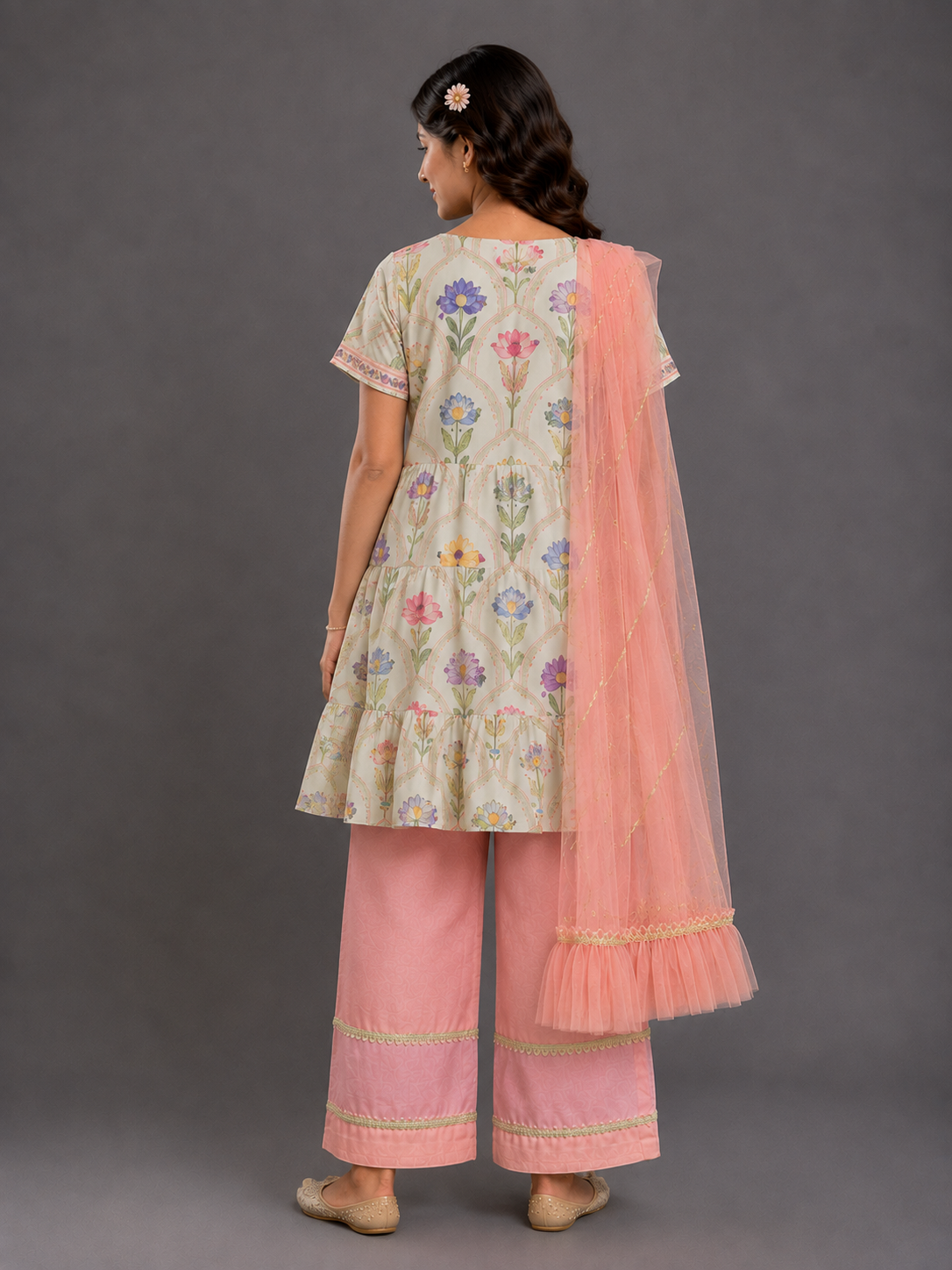 Lotus Print Layered Frock Style Kurta Set