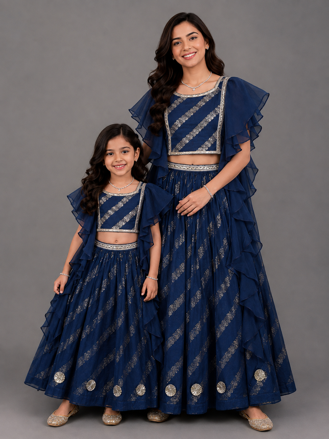 Blue Chanderi frill blouse lehnga set.